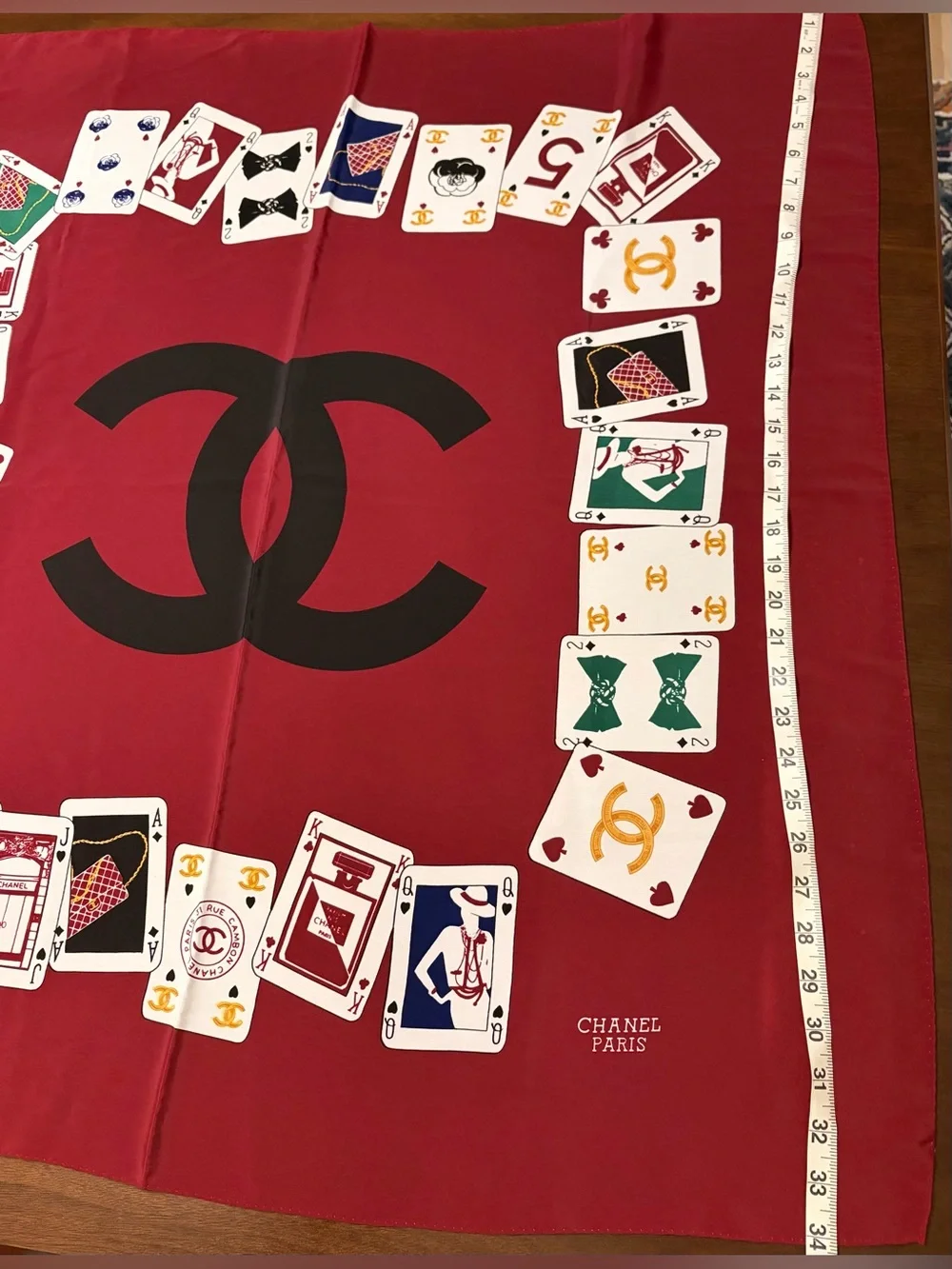 Vintage Chanel Playing Card Poker Themed Burgundy Black Silk Scarf